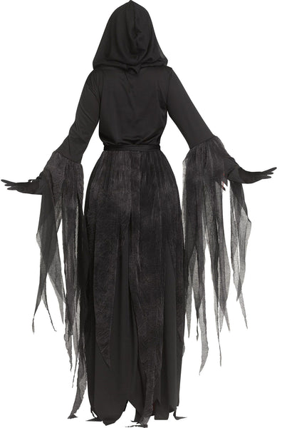 Back of woman in Womens Scream Bloody Bling Ghost Face Costume Dress featuring a long black hooded dress designed with a fitted bodice and flowing skirt, accented with layered sheer gauze panels and jagged torn-style sleeve drapes for added movement; styled with scattered red “blood splatter” detailing across the fabric and finished with matching black gloves for a complete look. The costume includes a rhinestone‑covered Ghost Face mask embellished with sparkling crystal‑style stones and bold red accents