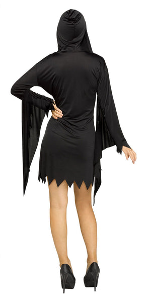 Back of Woman in the Womens Scream Glamour Ghost Face Costume Dress featuring a sleek black mini dress designed with a fitted silhouette, long draped sleeves, and jagged cut edges at the cuffs and hem for a dramatic finish; includes an attached hood that frames the face, creating the classic Ghost Face profile. The costume is completed with the iconic Ghost Face mask, featuring the elongated white face, hollow black eye openings, and extended scream mouth