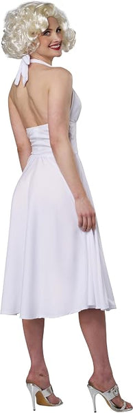 Back view of Woman posing in the Womens Sexy Marilyn Costume Dress Featuring a white halter-style dress designed with a plunging V-neckline, gathered bodice, and a fitted waist that flows into a full, pleated skirt falling to knee length, finished with an open back and lightweight fabric that moves freely for that signature billowing effect.