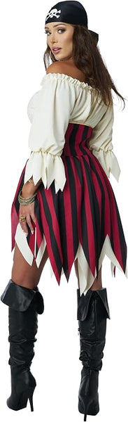 Back of Woman in the Womens/Teens Sultry Sea Pirate Costume Featuring a cream-colored dress designed with a soft elastic neckline that can be worn off the shoulders, accented with a gold ribbon tie at the front, paired with a structured corset-style overskirt in red and black vertical stripes with lace-up ribbon detailing and foam-backed shaping at the waist, and a black skull-print bandana to complete the look.
