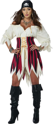 Woman in the Womens/Teens Sultry Sea Pirate Costume Featuring a cream-colored dress designed with a soft elastic neckline that can be worn off the shoulders, accented with a gold ribbon tie at the front, paired with a structured corset-style overskirt in red and black vertical stripes with lace-up ribbon detailing and foam-backed shaping at the waist, and a black skull-print bandana to complete the look.