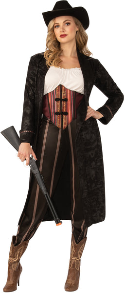 Woman posing in the Womens Wild West Cowgirl Costume Featuring a four-piece western-inspired costume set including a white fitted top with a gathered neckline, a structured waistcoat with red and black striped detailing and front closures, high-waisted brown pants with vertical stripe accents, and a black cowboy hat designed with a curved brim and classic Western shape.
