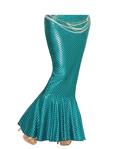 Womens Blue Mermaid Tail Costume Skirt featuring a form‑fitting, floor‑length skirt with an all‑over teal-blue scale print that mimics a mermaid’s tail, finished with a subtle metallic sheen; designed with a fitted waist and hips that taper into a dramatic flared hem at the bottom, creating the classic mermaid silhouette