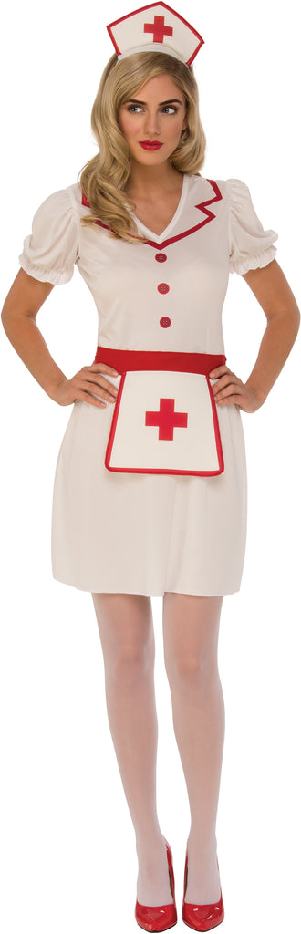 Woman in Womens Classic Nurse Costume Dress which features a clean, traditional white nurse‑style dress with short puff sleeves, a modest V‑neckline outlined in bold red trim, and a fitted waist that creates a polished, vintage silhouette; the front of the dress is detailed with red button accents, and the look is completed with a coordinating white apron trimmed in red and marked with a centered red cross, along with a matching white nurse’s cap featuring a red cross emblem