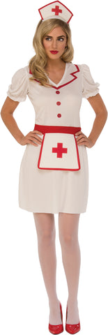 Woman in Womens Classic Nurse Costume Dress which features a clean, traditional white nurse‑style dress with short puff sleeves, a modest V‑neckline outlined in bold red trim, and a fitted waist that creates a polished, vintage silhouette; the front of the dress is detailed with red button accents, and the look is completed with a coordinating white apron trimmed in red and marked with a centered red cross, along with a matching white nurse’s cap featuring a red cross emblem