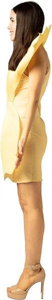 Side view of Woman in the Womens Farfalle Bow Tie Pasta Costume Dress Featuring a structured foam dress in a soft golden-yellow color designed to mimic farfalle pasta, with a cinched center and flared, ruffled edges that create a bow tie silhouette. The costume includes layered, folded panel detailing at the front and back to resemble pasta texture, with wide shoulder coverage