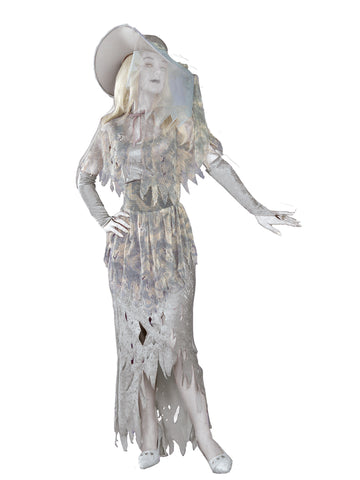 Woman posing in the Womens Ghostly Gala Gal Costume featuring a full‑length gown in muted pale gray tones layered with tattered, semi‑sheer fabric overlays that create a drifting, worn appearance; designed with jagged, uneven edges at the sleeves, bodice, and hem, subtle shredded cutouts throughout the skirt, and long glovelets that extend the ghostly silhouette; completed with a wide‑brim gray hat topped with a sheer veil that drapes down over the face and shoulders, tying the entire haunted look 