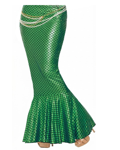 Womens Green Mermaid Tail Costume Skirt featuring a form‑fitting, floor‑length skirt with an all‑over green scale print that mimics a mermaid’s tail, finished with a subtle metallic sheen; designed with a fitted waist and hips that taper into a dramatic flared hem at the bottom, creating the classic mermaid silhouette