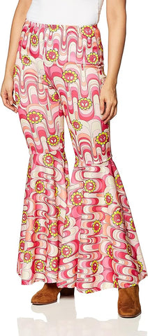 Front view  of a woman modeling the Womens Pink Flower Power Bell Bottom Hippie Costume Pants which feature a high‑waisted, form‑fitting design through the hips and thighs that dramatically flares into wide bell bottoms below the knee; covered in an all‑over retro swirl pattern in shades of pink, white, and coral, accented with repeating yellow and orange flower motifs that pop against the psychedelic background, creating a bold, unmistakable 1960s–1970s silhouette