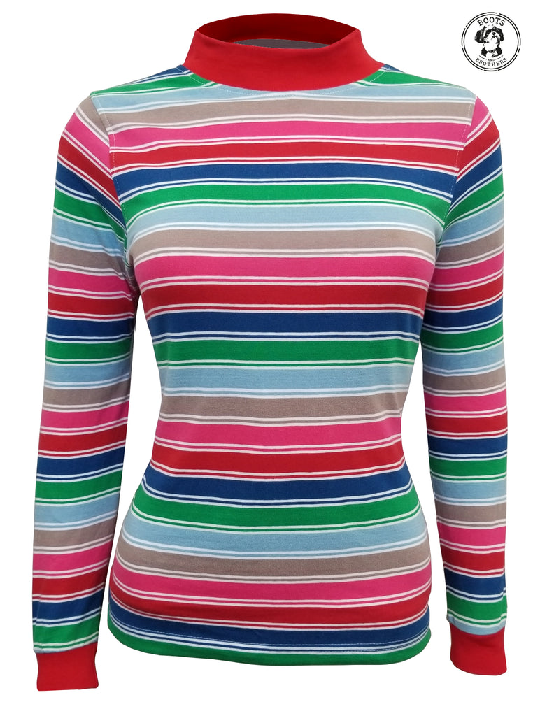 Featuring a long-sleeved Chucky character-inspired T-shirt with horizontal rainbow stripes in red, blue, green, light blue, gray, pink, and white across the body and sleeves. The shirt is designed to recreate a recognizable striped look with a classic crew-neck style
