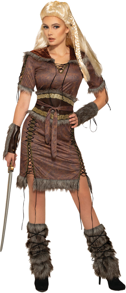 Woman posting in Women's Viking Shield Maiden CostumefFeaturing a rugged, rustic brown dress with faux‑leather and faux- fur details, and a battle‑inspired silhouette accented by an included matching belt, with sword, boot covers, gauntlets, and wig which are sold separately
