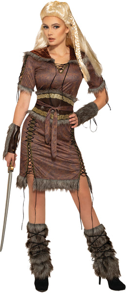 Woman posting in Women's Viking Shield Maiden CostumefFeaturing a rugged, rustic brown dress with faux‑leather and faux- fur details, and a battle‑inspired silhouette accented by an included matching belt, with sword, boot covers, gauntlets, and wig which are sold separately