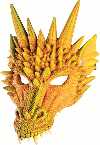 Yellow Dragon Half Mask Costume Mask featuring a striking molded design in rich golden‑yellow tones with sculpted scale texture across the brow and snout, raised ridge detailing, flared nostrils, and sharp fang accents along the mouth; designed as a half mask that covers the upper face with eye openings