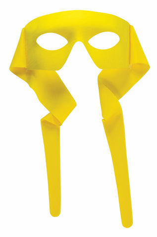 Yellow Masked Man Ninja Costume Mask with Ties featuring a yellow half mask that covers the upper face, designed with clean oval eye openings and extended fabric sides; finished with two long matching yellow tie straps that hang down on either side, allowing the mask to be wrapped and secured behind the head for a classic stealth‑hero silhouette