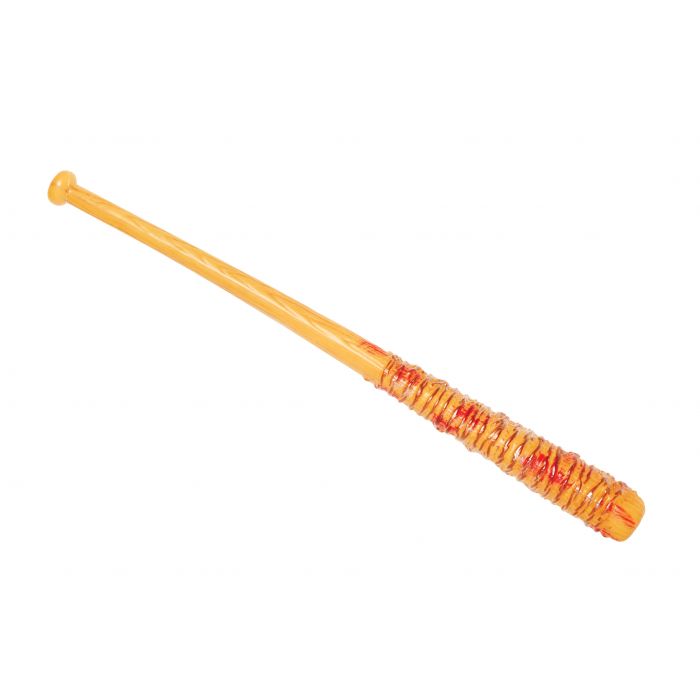 Zombie Basher Barbed Wire Bat Costume Prop Weapon featuring a  classic baseball bat design molded from lightweight plastic with a natural wood‑colored finish, wrapped at the barrel with sculpted barbed wire detailing accented by dark red paint effects to resemble dried blood and wear; the handle includes a rounded knob base and smooth grip, completing the rugged, post‑apocalyptic silhouette