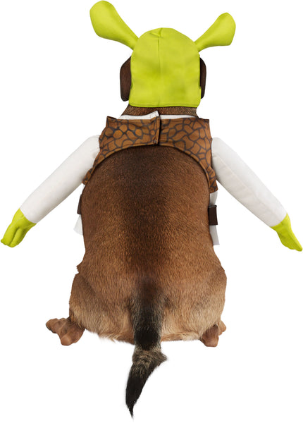 Back of Chihuahua in the Pets Shrek Costume featuring a full‑body outfit styled to recreate Shrek’s iconic look with a soft white tunic base and a printed brown vest panel across the chest, accented with lace‑up detailing at the front; the costume includes attached long sleeves with green ogre hands at the ends for a playful illusion, along with matching padded leg coverings and brown boot‑style cuffs. The look is completed with a green Shrek hood featuring the signature rounded ogre ears