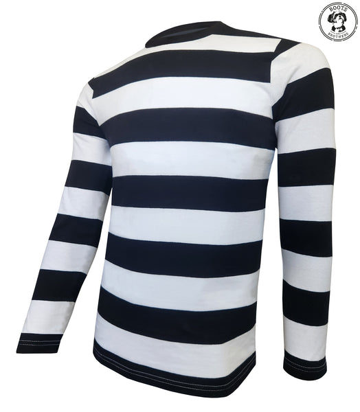 mens black and white striped longsleeve crewneck t-shirt for mime, prisoner, convict, pirate cosplay