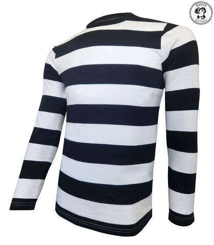 mens black and white striped longsleeve crewneck t-shirt for mime, prisoner, convict, pirate cosplay