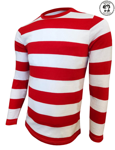 mens red and white striped longsleeve crewneck t-shirt for waldo, wenda, pirate, candy cane, elf christmas cosplay cosutme