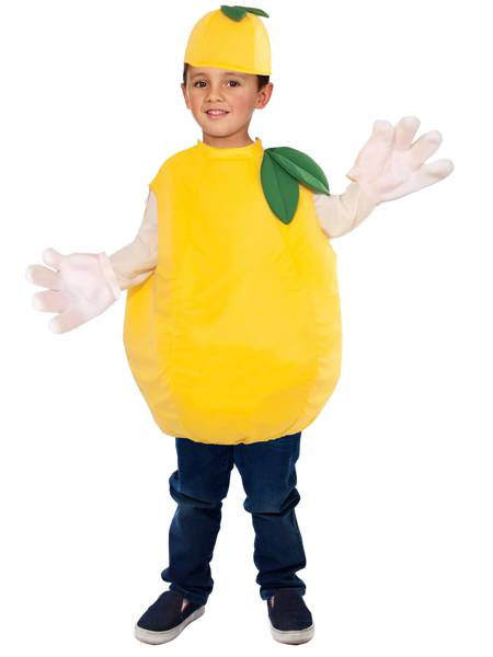 Boy in Kids Unisex Zesty Lemon Costume - Features a soft, yellow tunic with two green leaves and matching hat. by Boots and Brothers on HalloweenCostumes4U.com