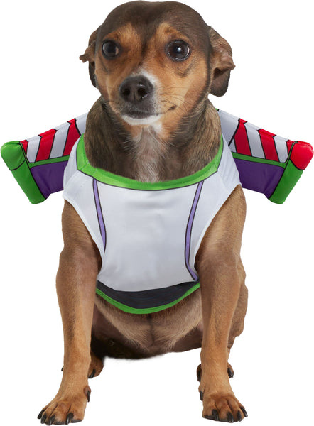 Chihuahua wearing Pets Disney Pixar Toy Story Buzz Lightyear Costume and Toy Kit featuring  Buzz Lightyear’s iconic space ranger suit, styled with bold panels of white, green, purple, and red printed armor detailing across a wing‑shaped structure that sits neatly along the pet’s back; includes a coordinating plush green alien toy with three eyes, pointed ears, and a blue outfit printed with the Pizza Planet logo, completing the playful Toy Story pairing
