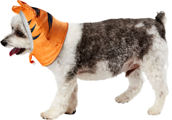 Schnauzer-mix dog modeling Pets Disney Winnie the Pooh Tigger Headpiece Costume Accessory
featuring a soft orange fabric hood designed to capture Tigger’s playful character look, complete with tall, rounded ears, side view