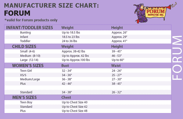 Rubies Costumes Forum Novelties Size Chart - HalloweenCostumes4U.com