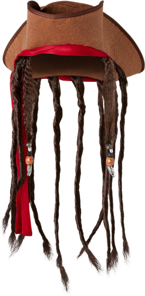 Front view the  Pirate Hat with Dreads Costume Hat featuring a weathered brown tricorn‑style pirate hat with a textured, leather‑look finish and stitched edging along the brim; accented with a wrapped red fabric band tied around the hat, from which long dark brown faux dreadlocks hang down on both sides; several of the dreadlocks are decorated with small bead details in metallic silver and amber tones