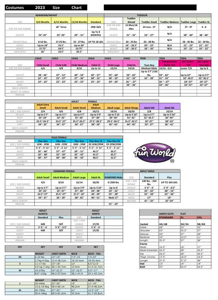 FunWorld Size Chart - HalloweenCostumes4U.com