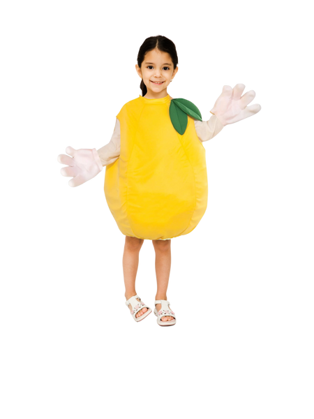 Girl in Kids Unisex Zesty Lemon Costume - Features a soft, yellow tunic with two green leaves and matching hat. by Boots and Brothers on HalloweenCostumes4U.com