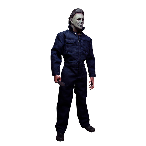 Halloween 1978 Michael Myers 12-inch action figure horror collectible in navy blue coveralls and wearing white mask and holding knife right side profile