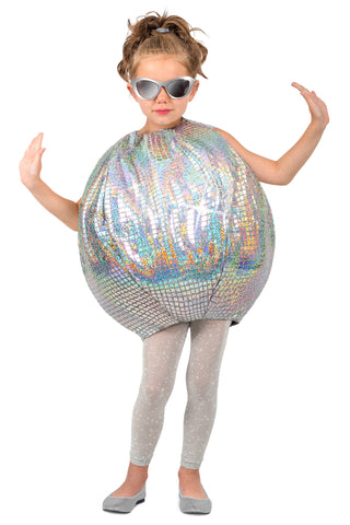 Girl posing in Kids Grooving Disco Ball Costume Features a shiny silver spherical tunic styled to look like a classic mirrored disco ball, covered in reflective square panel detailing that catches the light from every angle and matching leggings, front view