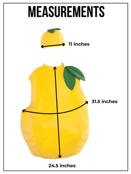 Measurement size chart for Kids Unisex Zesty Lemon Costume - Features a soft, yellow tunic with two green leaves and matching hat. by Boots and Brothers on HalloweenCostumes4U.com