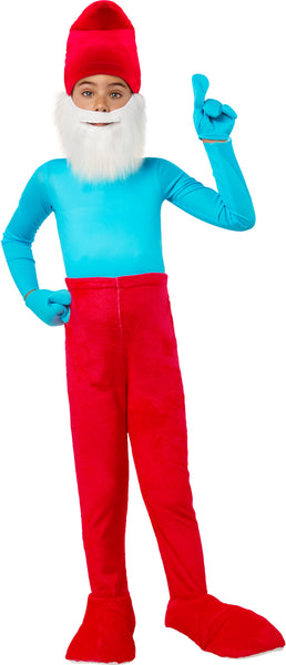 Boy posing in the Boys The Smurfs Papa Smurf Costume
Featuring a long‑sleeve top jumpsuit paired with vivid red full‑length pants and attached shoe covers, includes matching hand covers, and signature tall red Papa Smurf hat paired with an attached long white beard, recreating Papa Smurf’s iconic look