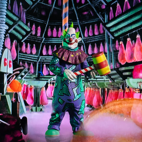Killer Klowns from Outer Space Jumbo 8-inch collector action figure horror collectible action figure within purple clown suit mallet accessory cinematic image