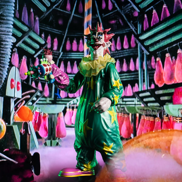 Killer Klowns from Outerspace Spikey 8" Collector's Action Figure Collectible Toy in green clown suit with puppet and cotton candy gun, cinematic view