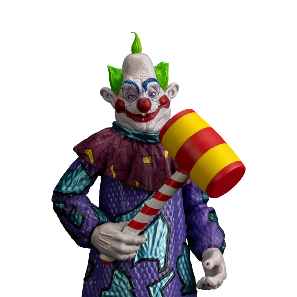 Killer Klowns Jumbo 8-inch figure collectible close up view of detailed face sculpt, in purple clown suit, and mallet accessory 