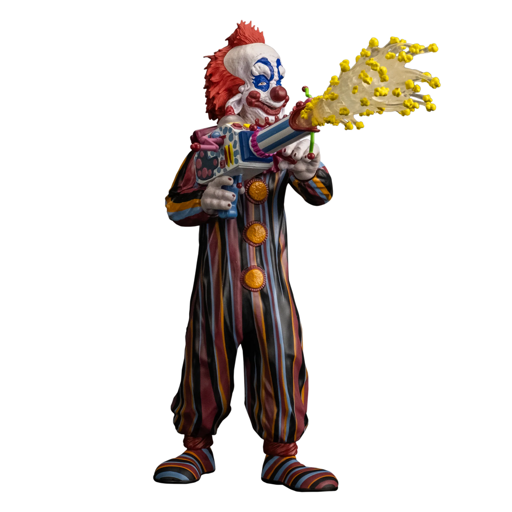 Killer Klowns from Outer Space Rudy 8-inch action figure in striped clown suit holding popcorn gun with protruding popcorn collectible