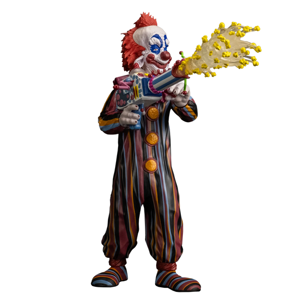 Killer Klowns from Outer Space Rudy 8-inch action figure in striped clown suit holding popcorn gun with protruding popcorn collectible
