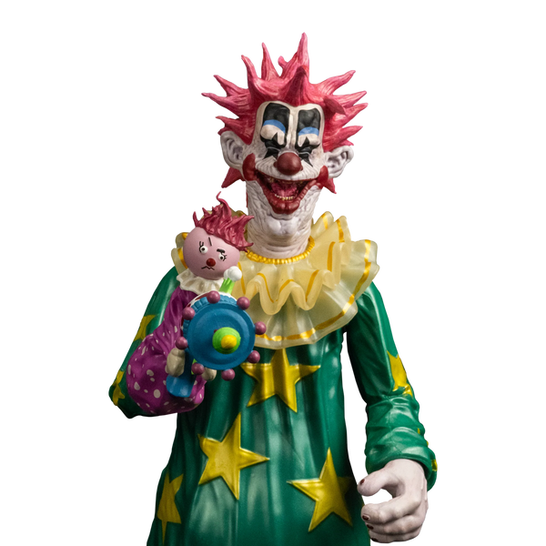 Killer Klowns from Outerspace Spikey 8" Collector's Action Figure Collectible Toy in green clown suit with puppet and cotton candy gun, close up view