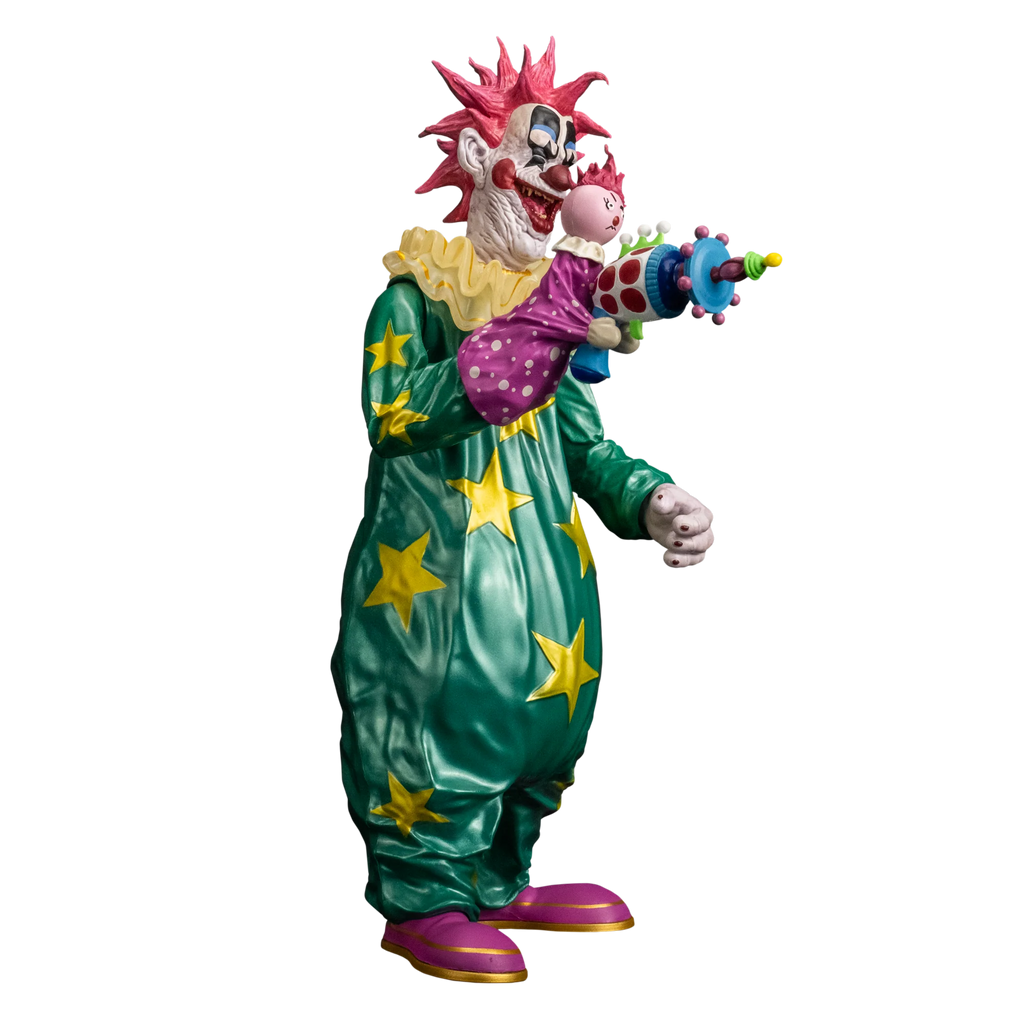 Killer Klowns from Outerspace Spikey 8" Collector's Action Figure Collectible Toy in green clown suit holding puppet and cotton candy gun, angled profile view