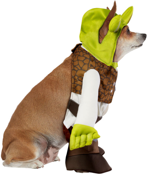 Side of Chihuahua wearing the Pets Shrek Costume featuring a full‑body outfit styled to recreate Shrek’s iconic look with a soft white tunic base and a printed brown vest panel across the chest, accented with lace‑up detailing at the front; the costume includes attached long sleeves with green ogre hands at the ends for a playful illusion, along with matching padded leg coverings and brown boot‑style cuffs. The look is completed with a green Shrek hood featuring the signature rounded ogre ears