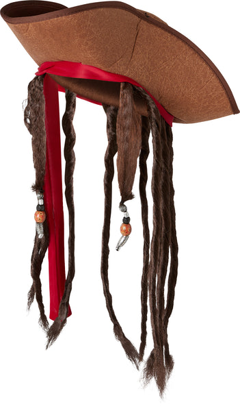 Side view of the  Pirate Hat with Dreads Costume Hat featuring a weathered brown tricorn‑style pirate hat with a textured, leather‑look finish and stitched edging along the brim; accented with a wrapped red fabric band tied around the hat, from which long dark brown faux dreadlocks hang down on both sides; several of the dreadlocks are decorated with small bead details in metallic silver and amber tones