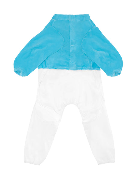 Underside of Pets The Smurfs Smurf Costume featuring a soft two‑tone plush jumpsuit styled in classic Smurf colors, with a light blue upper section and white lower half designed to resemble the character’s outfit; includes a smooth, rounded fit through the body and legs for a clean, cartoon‑inspired silhouette.