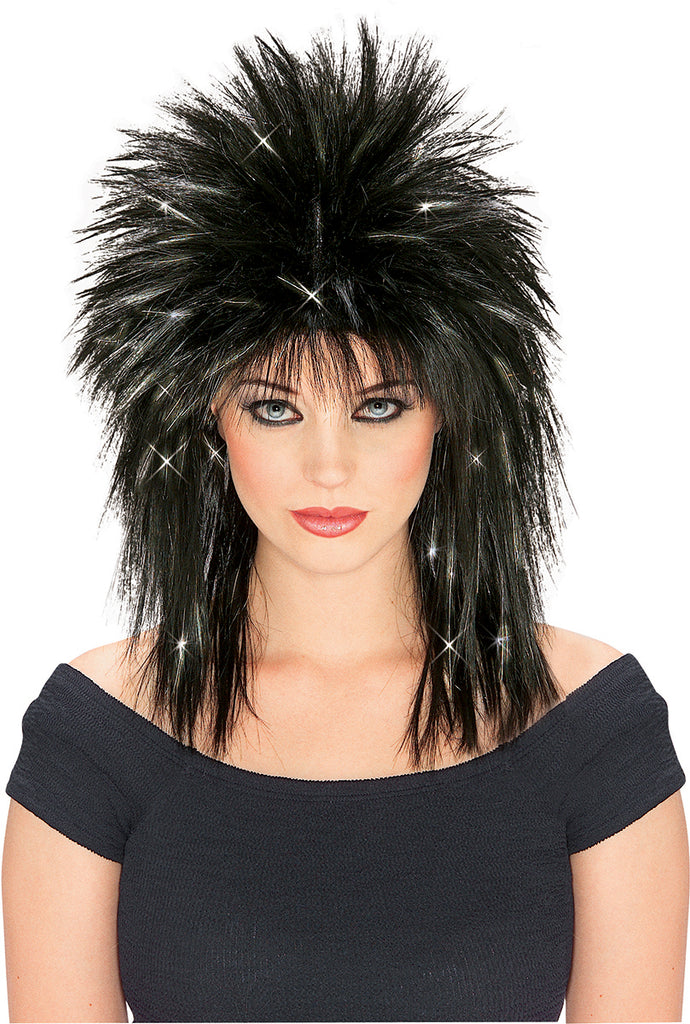 Black Superstar Costume Wig with Silver Tinsel