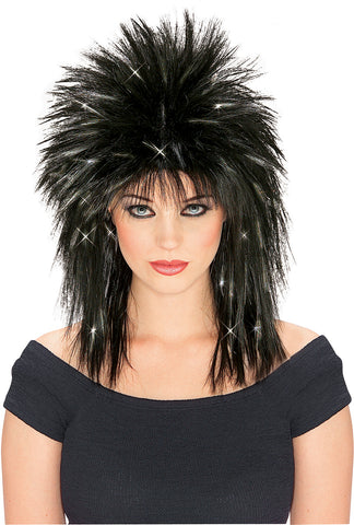 Black Superstar Costume Wig with Silver Tinsel