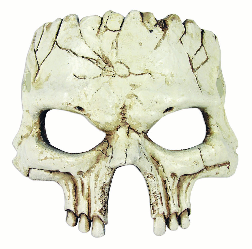 Foam Cracked Skull Half Mask Costume Mask Featuring a molded foam half mask designed to resemble the upper portion of a cracked skull, with a bone-toned greenish finish, deep fracture lines throughout the surface, hollow eye openings, sculpted brow ridges, and distressed detailing that creates a worn, weathered appearance across the entire piece.