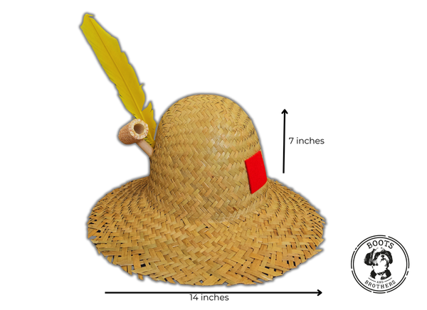 Boots and Brothers Straw Farmer Hat with feather, patch, and corn cob pipe hillbilly 