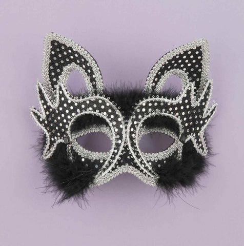 Marabou Feather Black Cat Half Mask - Rubies Costumes & Accessories - HalloweenCostumes4U.com - Accessories