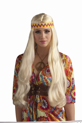 Hippie Chick Wig Long Blonde w/Headband - HalloweenCostumes4U.com - Accessories
